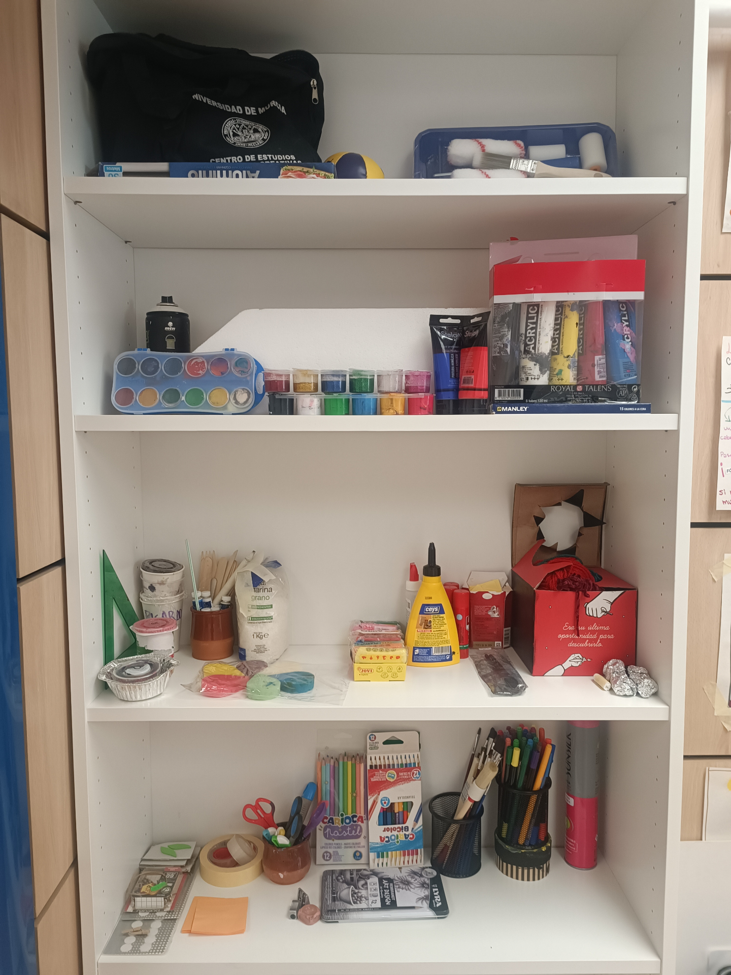 Estantería del espacio con pinturas, pinceles, arcillas y materiales creativos ordenados